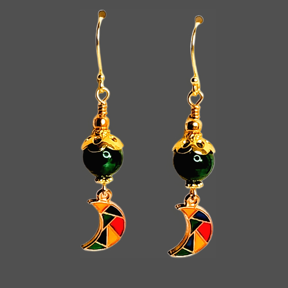 Painted Mosiac Crescent Moon Beaded 18K Gold-Plated Earrings